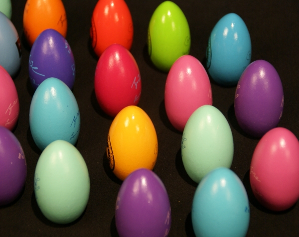 Custom wood turnings made into a variety of painted wooden eggs